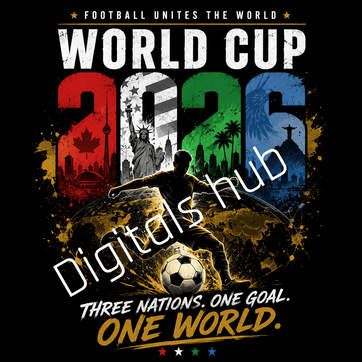2026 Football Fan T-Shirt Design | Three Nations One Goal One World | Vintage Sports Graphic PNG