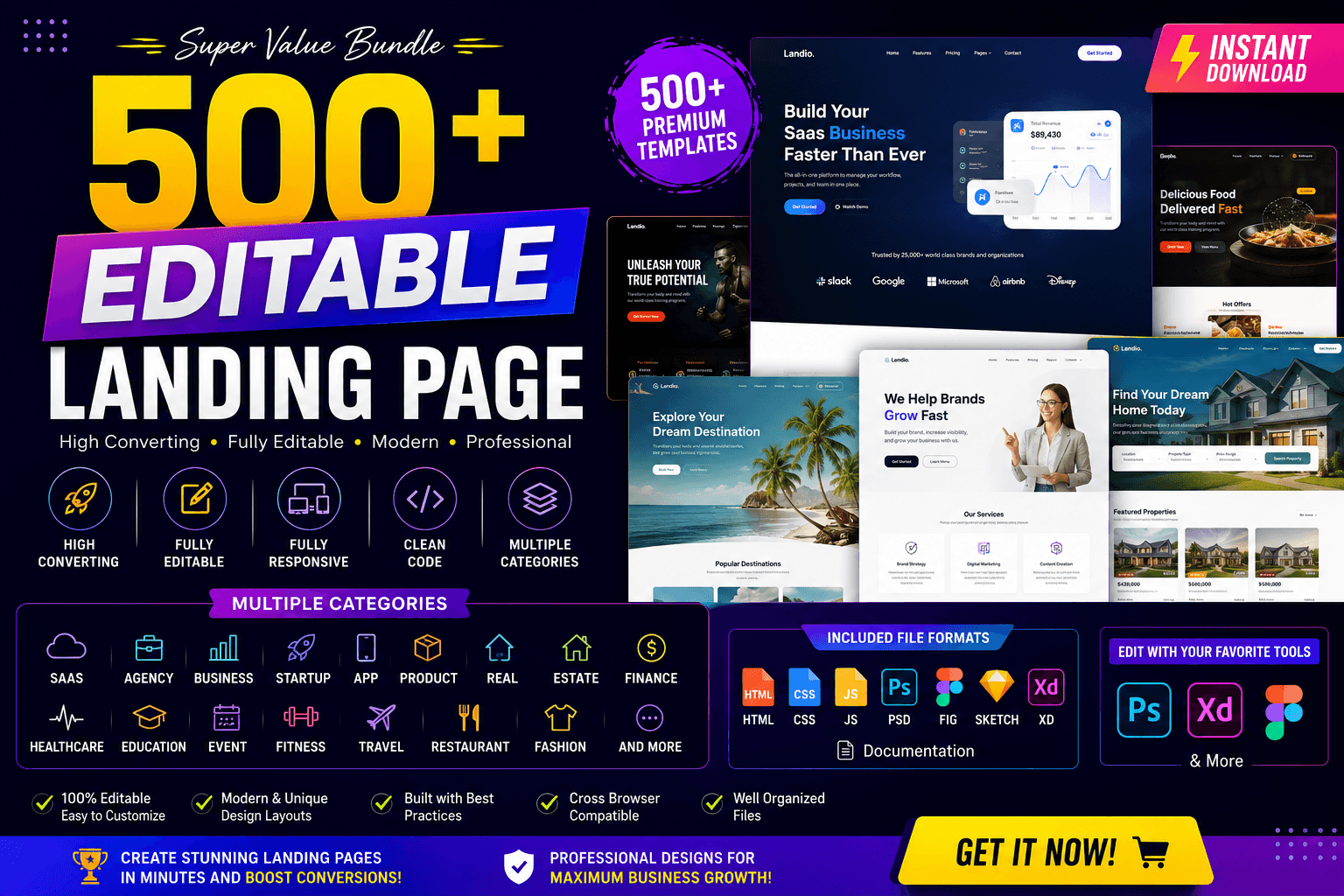 500+ Editable Landing Page Templates Bundle | High-Converting Website Templates for Every Business