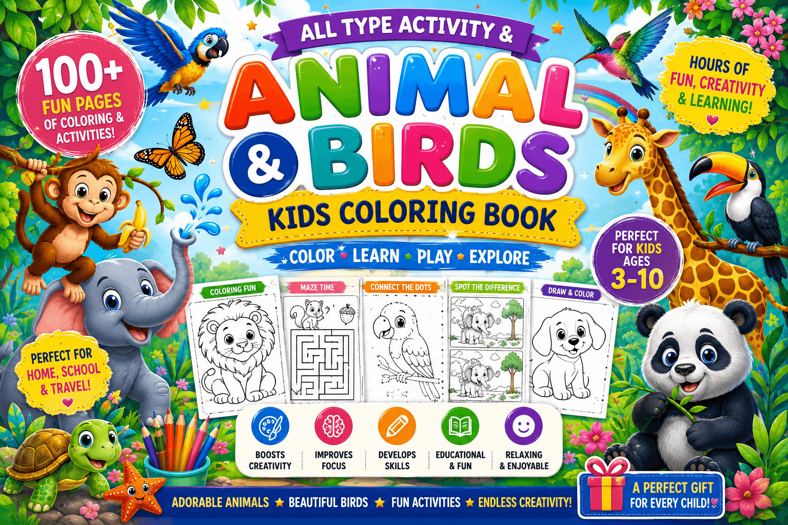 Kids Activity & Coloring Book | Animals, Birds